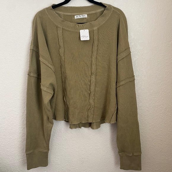 Free People Tops - NWT Free people waffle knit top size M green bronze long sleeve